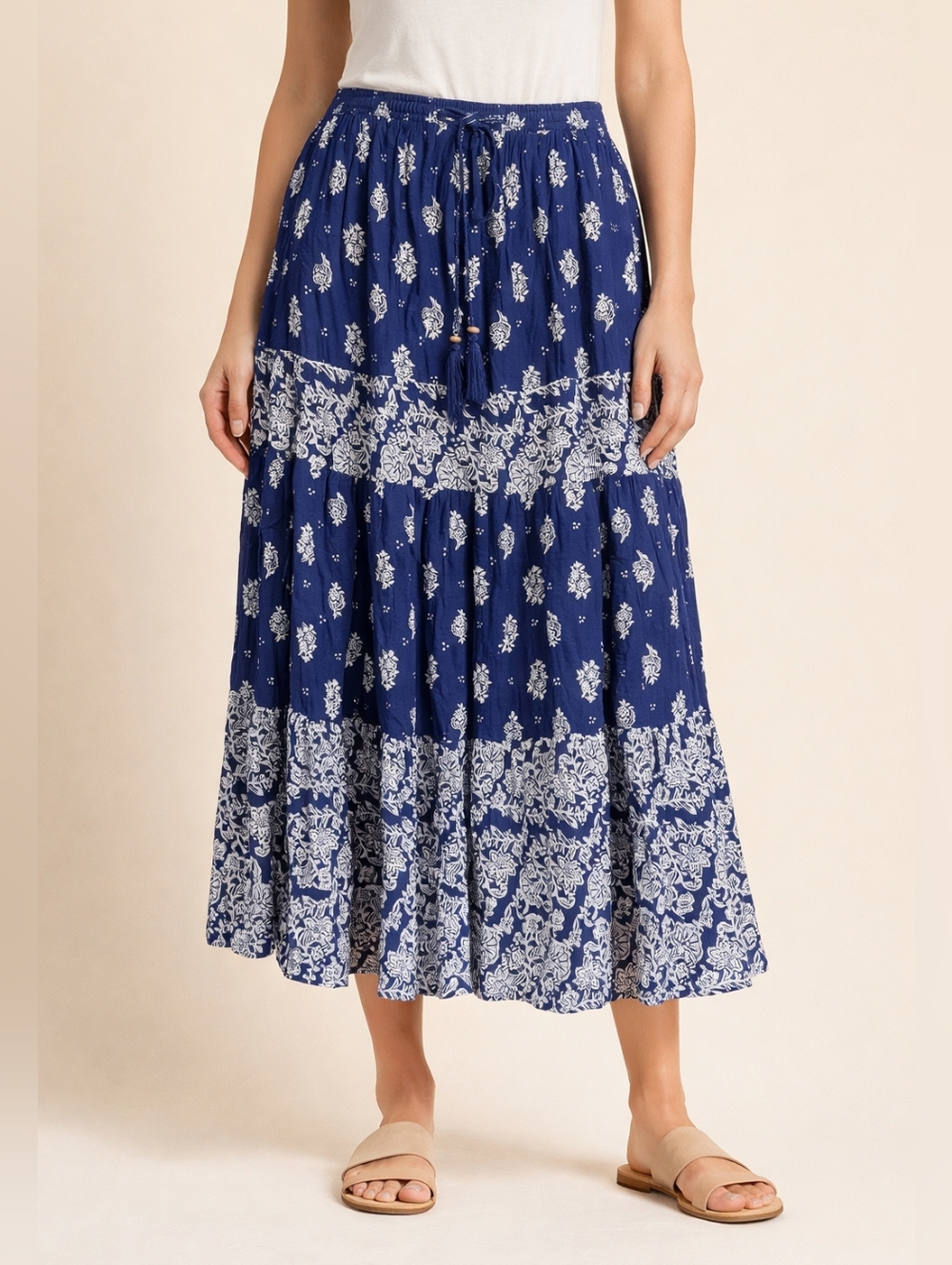 Bohemian Navy Floral Tiered Maxi Skirt with Elastic Waistband - Picture 3 of 8